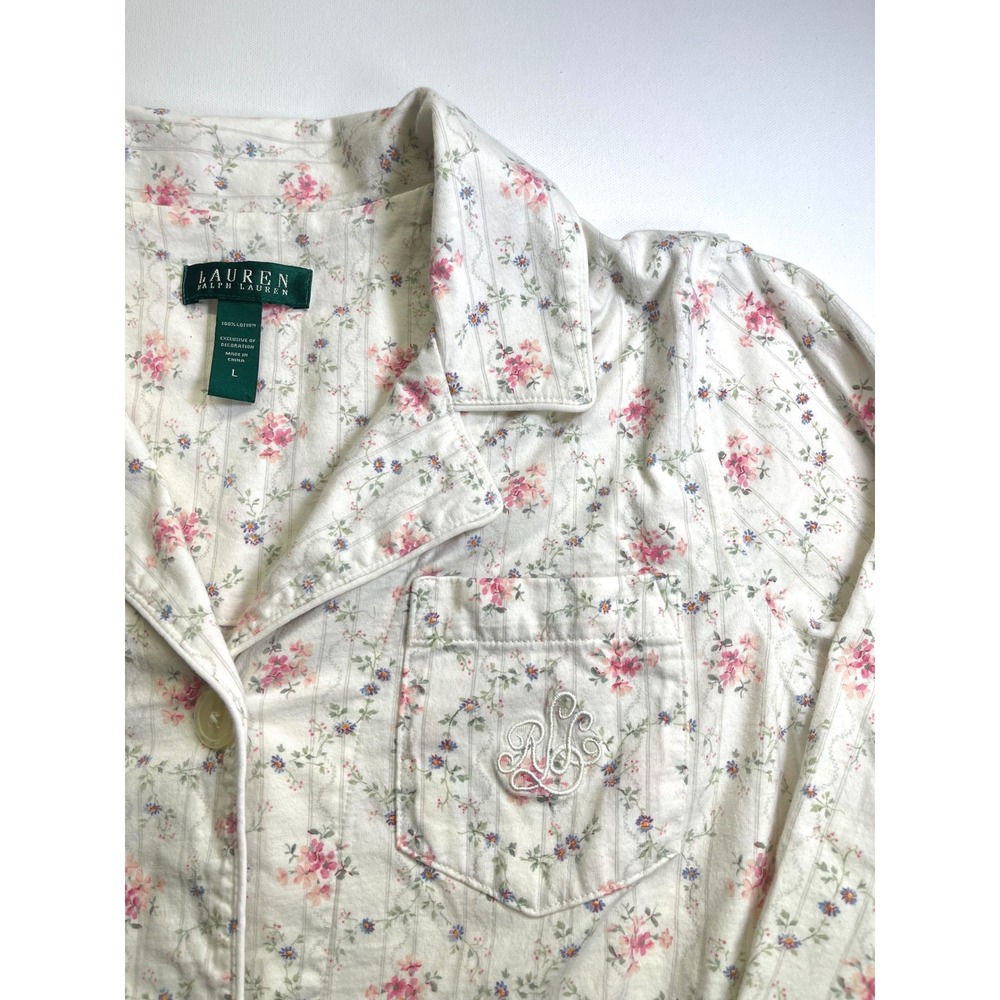 Lauren Ralph Lauren Women Floral Pajama Top Large Pink Cream Cotton Sleep Shirt